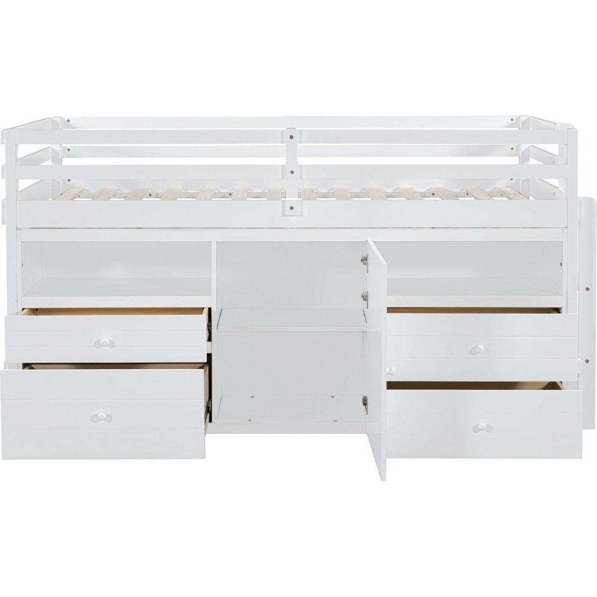 Twin Size Loft Bed with 4 Drawers, Underneath Cabinet and Shelves, White