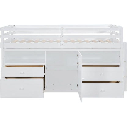 Twin Size Loft Bed with 4 Drawers, Underneath Cabinet and Shelves, White
