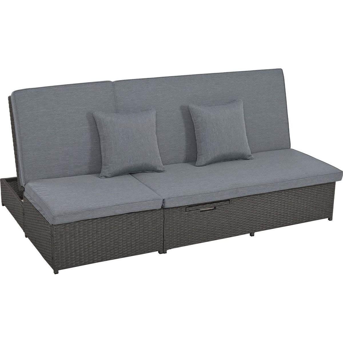 Outdoor Double Sunbed, Wicker Rattan Patio Reclining Chairs with Adjustable Backrest and Seat, Conversational Set for 2 Person, Gray
