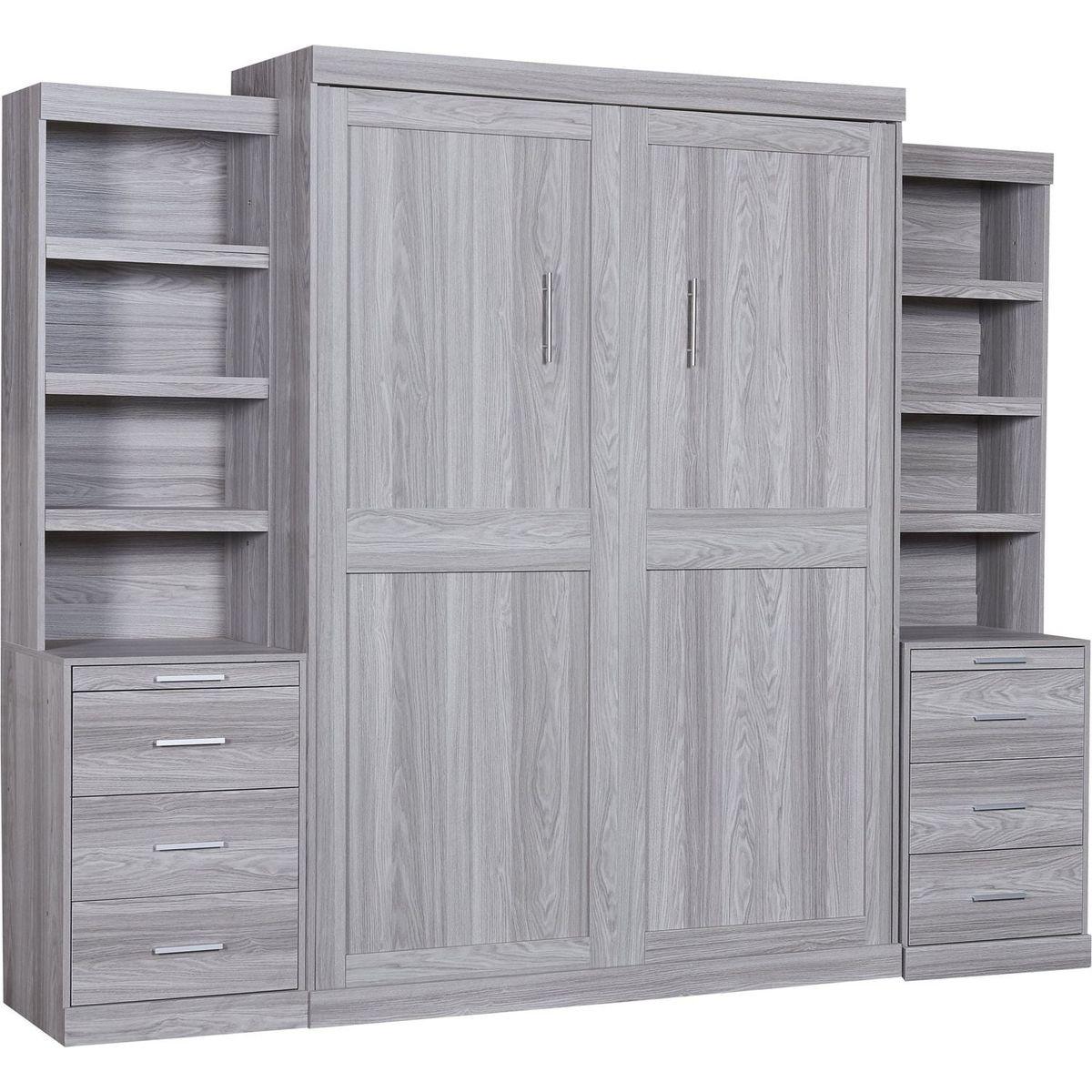 Full Size Murphy Bed with Storage Shelves and Drawers, Gray