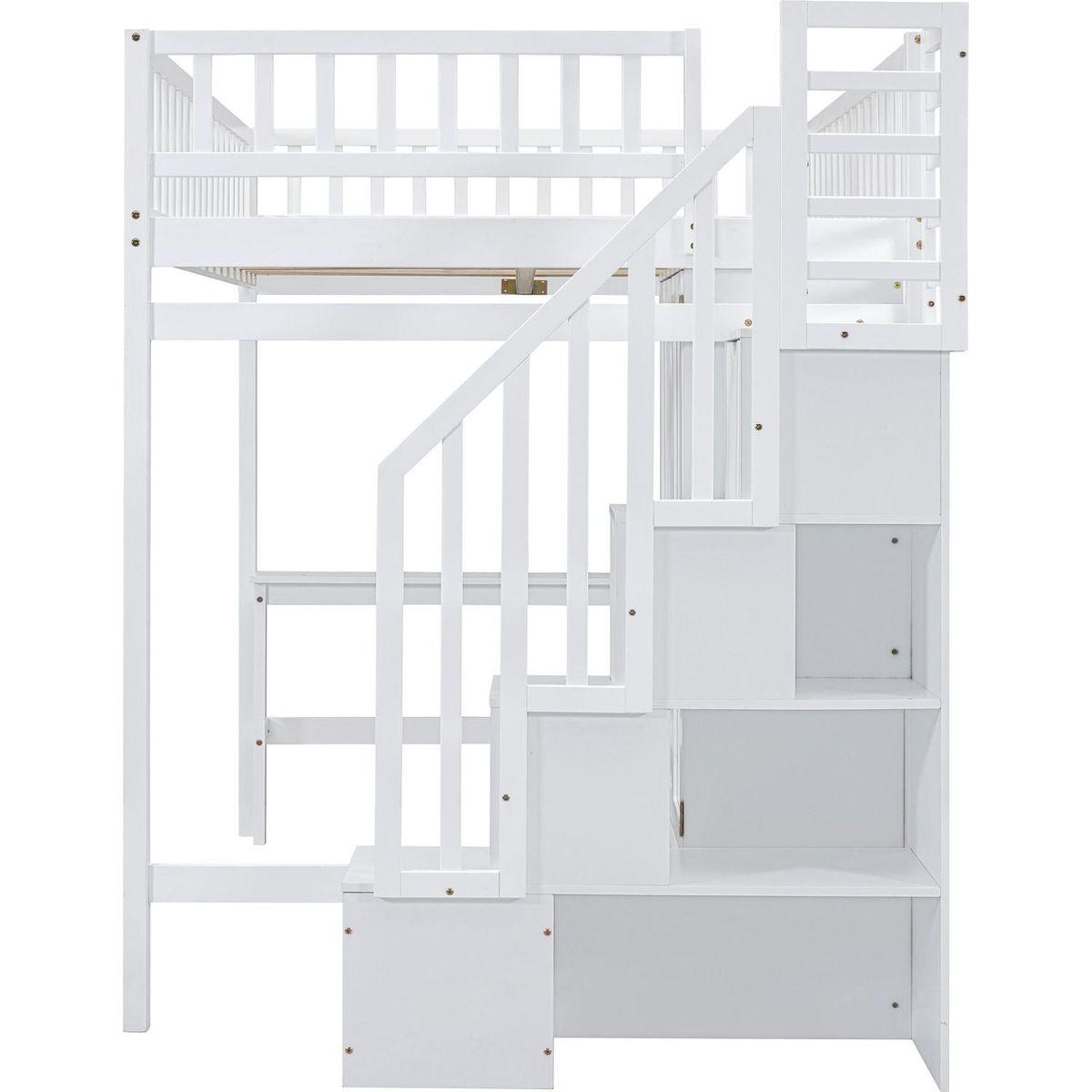 Full size Loft Bed with Bookshelf,Drawers,Desk,and Wardrobe-White