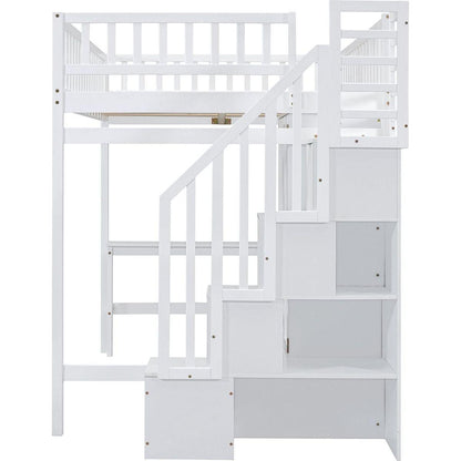 Full size Loft Bed with Bookshelf,Drawers,Desk,and Wardrobe-White