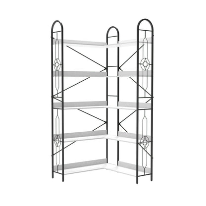 Industrial Style 5 Tier Corner Bookshelf, Ivory White MDF with Thickened Iron Frame, 72.05 Inch