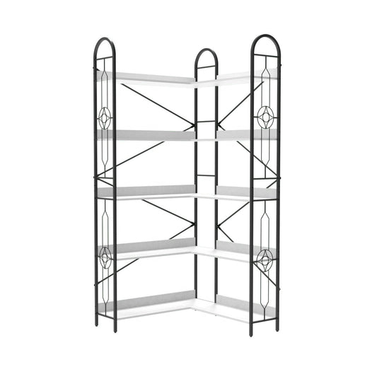 Industrial Style 5 Tier Corner Bookshelf, Ivory White MDF with Thickened Iron Frame, 72.05 Inch