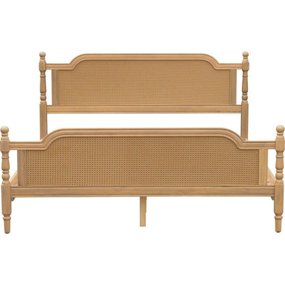 Traditional Style Rattan King Size Bed Frame,No Box Spring Needed,Antique Walnut