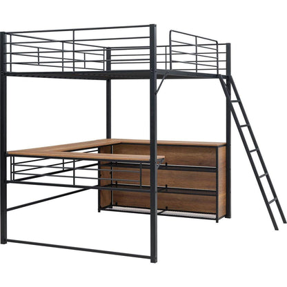 Full Size Metal Loft Bed with 3 Layers of Shelves and L-shaped Desk, Black