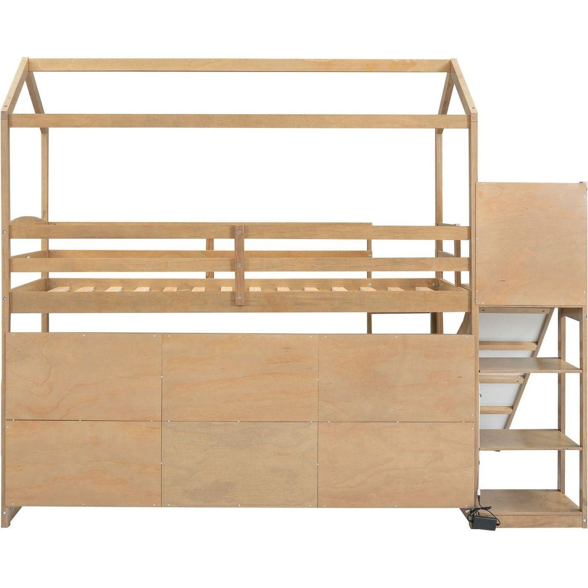 Twin Size Wood House Loft bed with Slide, Storage shelves and Light, Climbing Ramp, Wood Color