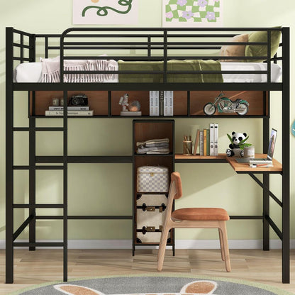 Full Size Metal & Wood Loft Bed with L -shaped desk and shelves, Black and Brown
