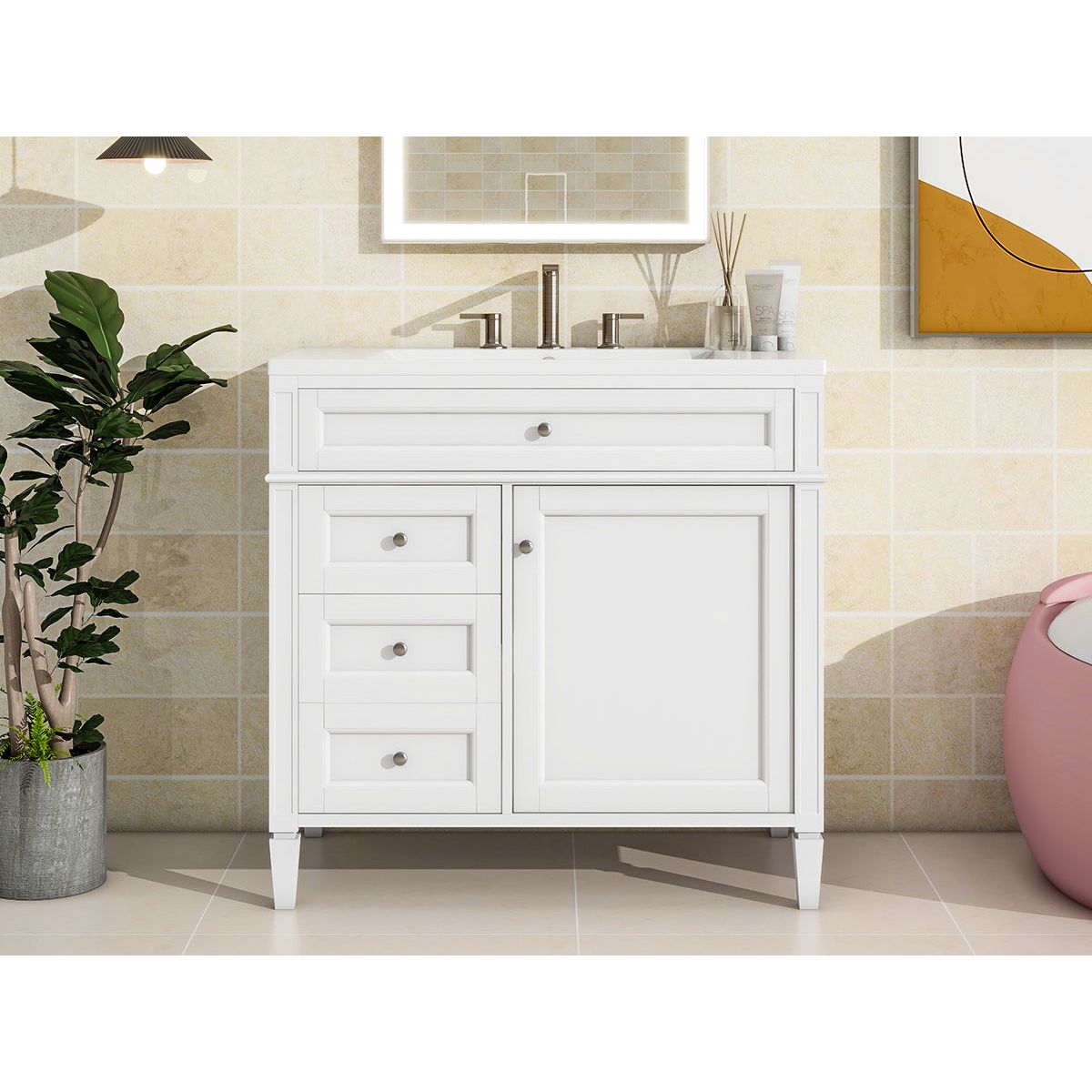 36" Bathroom Vanity with Top Sink, Modern Bathroom Storage Cabinet with 2 Drawers and a Tip-out Drawer, Single Sink Bathroom Vanity