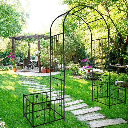 Metal Garden Arch with two plant stands 79.5" Wide x 86.6" High Climbing Plants Support Rose Arch Outdoor Black
