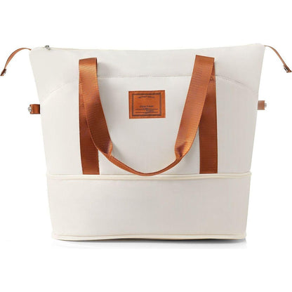 Front Opening 20-Inch Carry-On Luggage with Expandable Travel Bag Set, ABS Hard Shell Two-piece suitcase set with USB Port, Cup Holder, ivory and brown