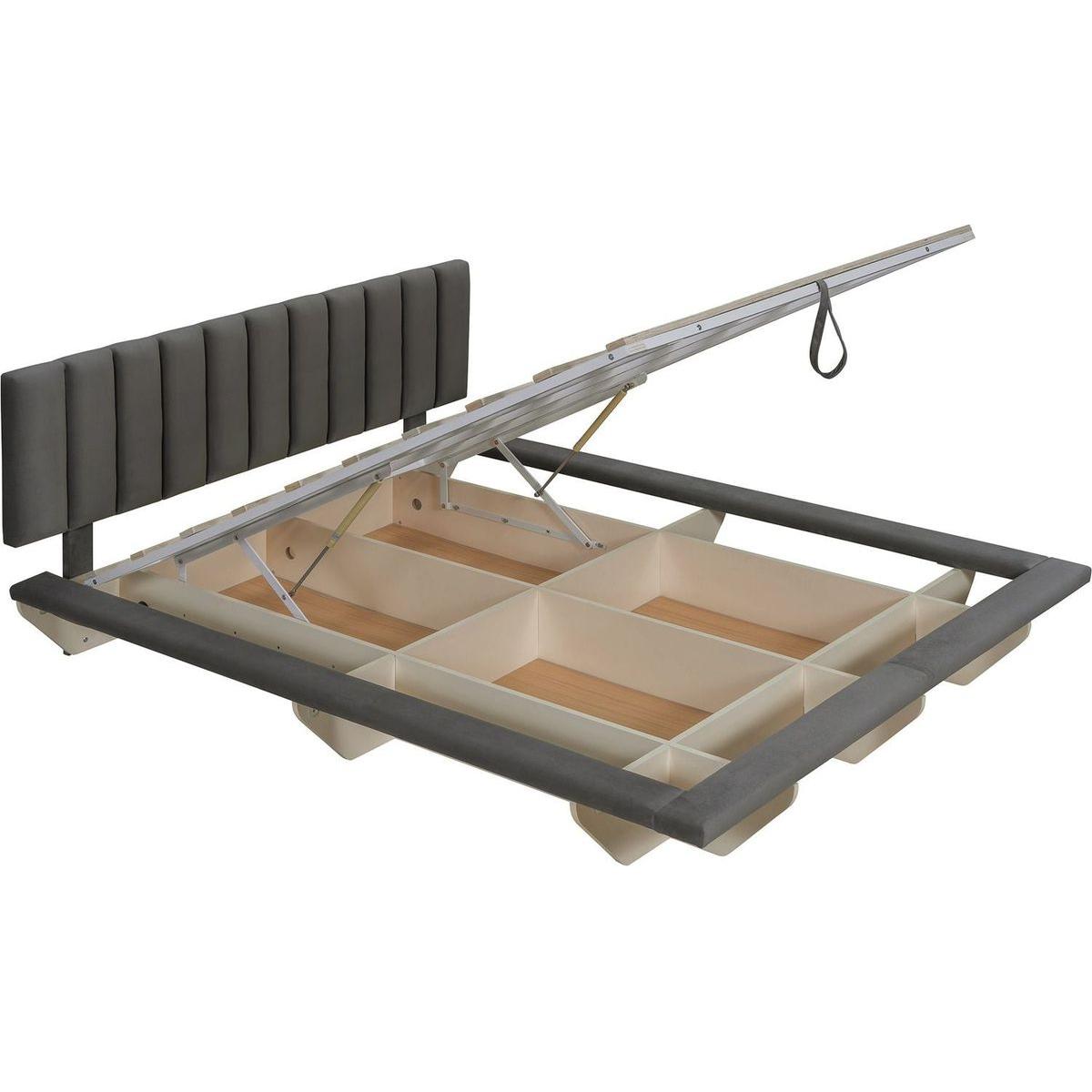 Queen Size Upholstered Floating Bed with LED Light and USB Port, Velvet, Gray, Hydrualic Platform Bed