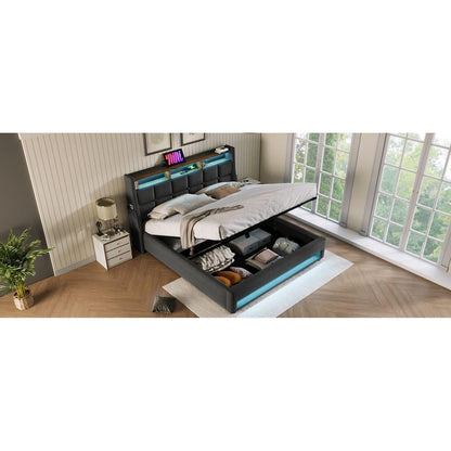 Full size Upholstered Platform bed with a Hydraulic Storage System, LED and USB Charging, Grey (without mattress)