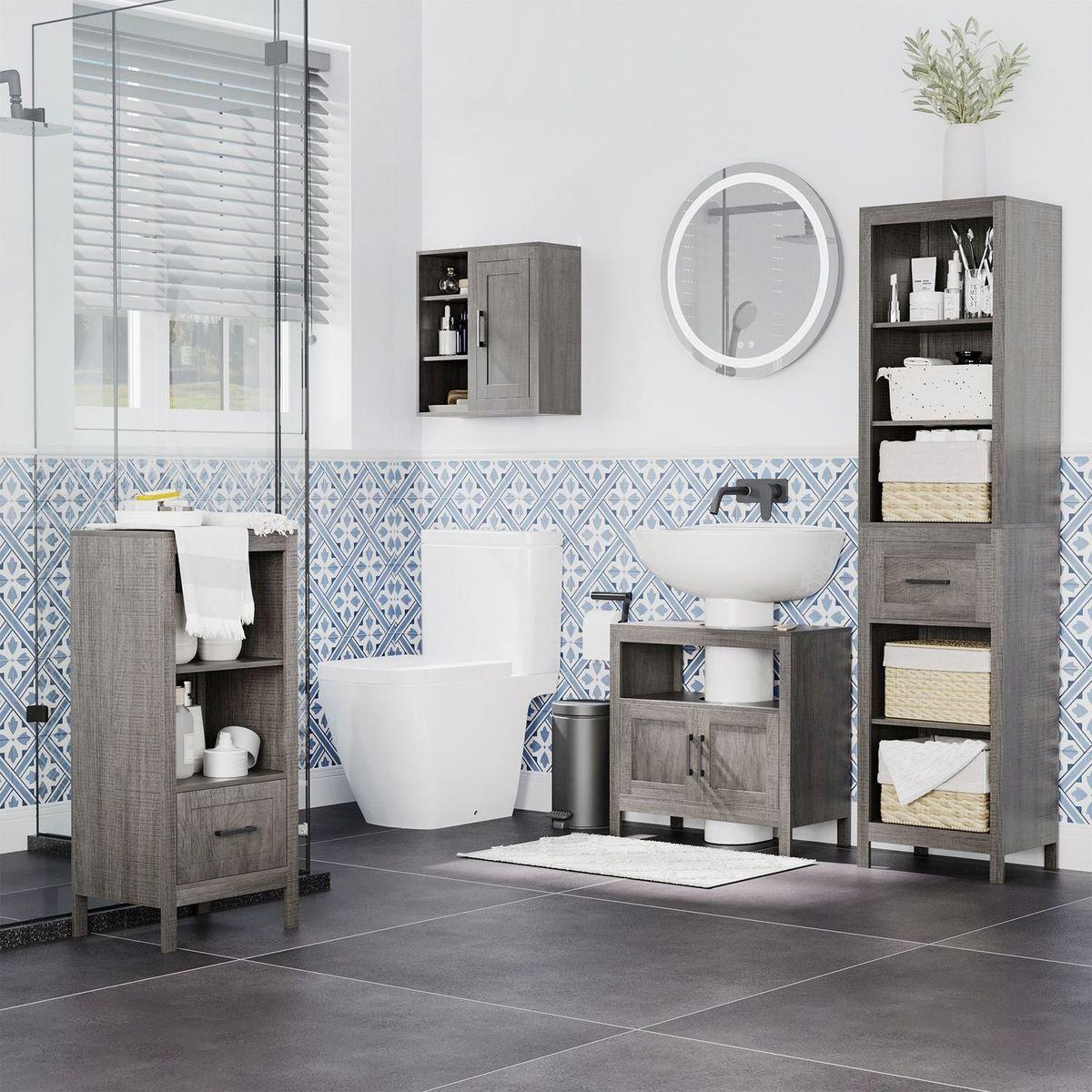 kleankin Pedestal Sink Storage Cabinet, Bathroom Under Sink Cabinet with 2 Doors and Open Shelf, Bathroom Vanity, Gray