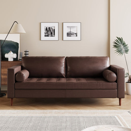 Mirod Mid-Century Modern PU Leather 3-Seat Sofa, Tufted Design, Solid Wood Legs, 2 Bolster Pillows, Comfortable Couch for Living Room & Home Office