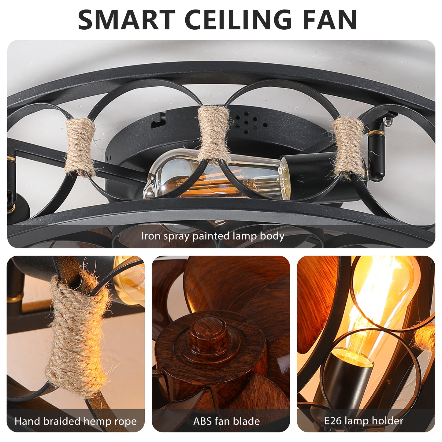 Caged Ceiling Fan with Lights Remote Control, Low Profile Flush Mount Farmhouse Modern Ceiling fans, 6 Speeds Reversible Blades, 5 LED Bulbs Include(Black)