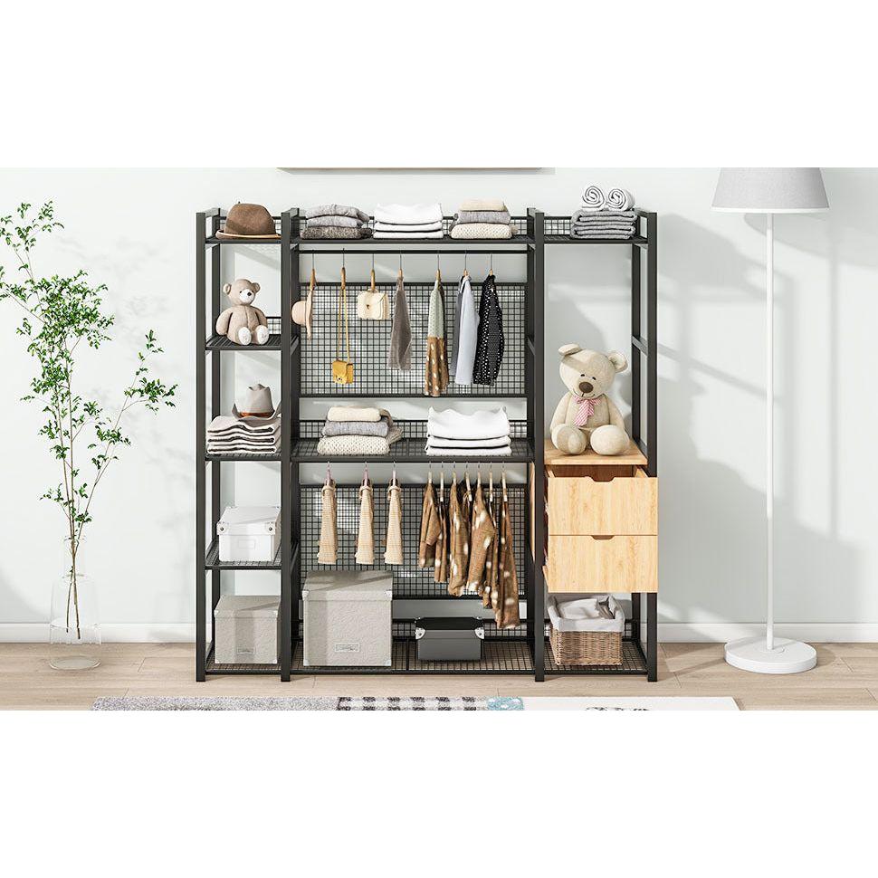 Open-Style Wardrobe with Hanging Rails, Shelves and Drawers, Black