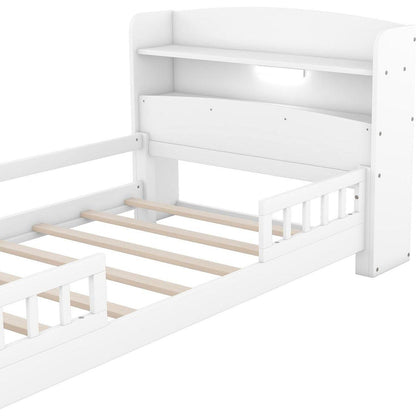 Wood Twin Size Platform Bed with Built-in LED Light, Storage Headboard and Guardrail, White