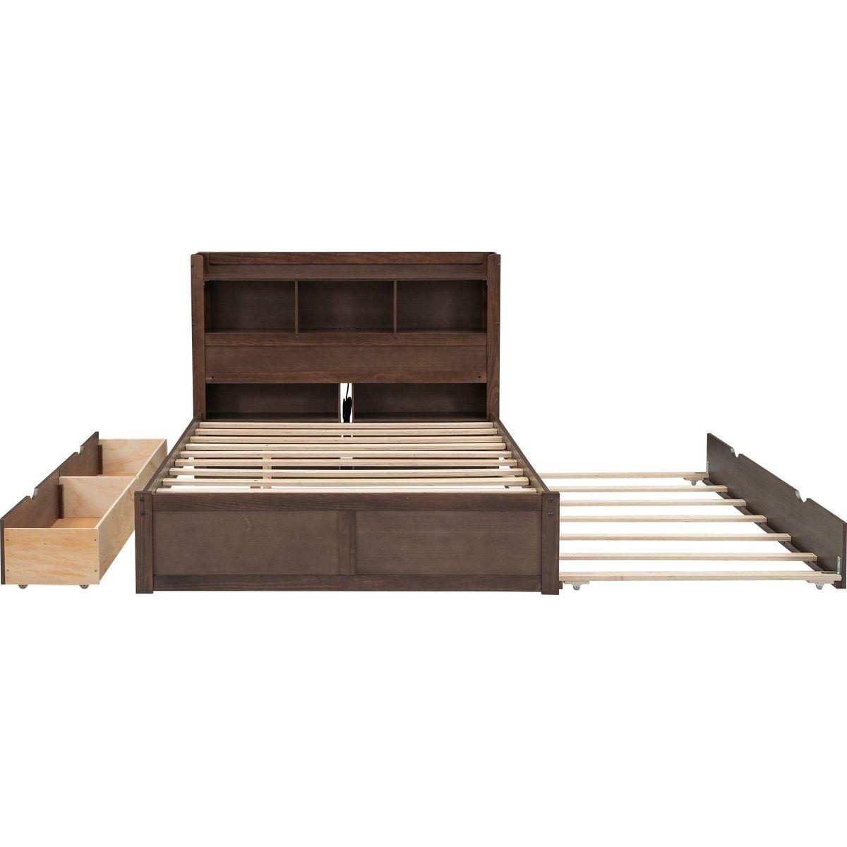 Full Size Storage Platform Bed with Pull Out Shelves, Twin Size Trundle and 2 Drawers, Espresso