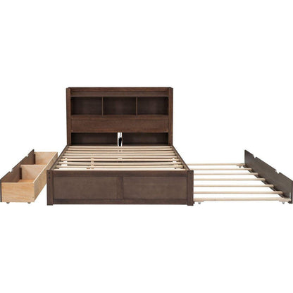 Full Size Storage Platform Bed with Pull Out Shelves, Twin Size Trundle and 2 Drawers, Espresso