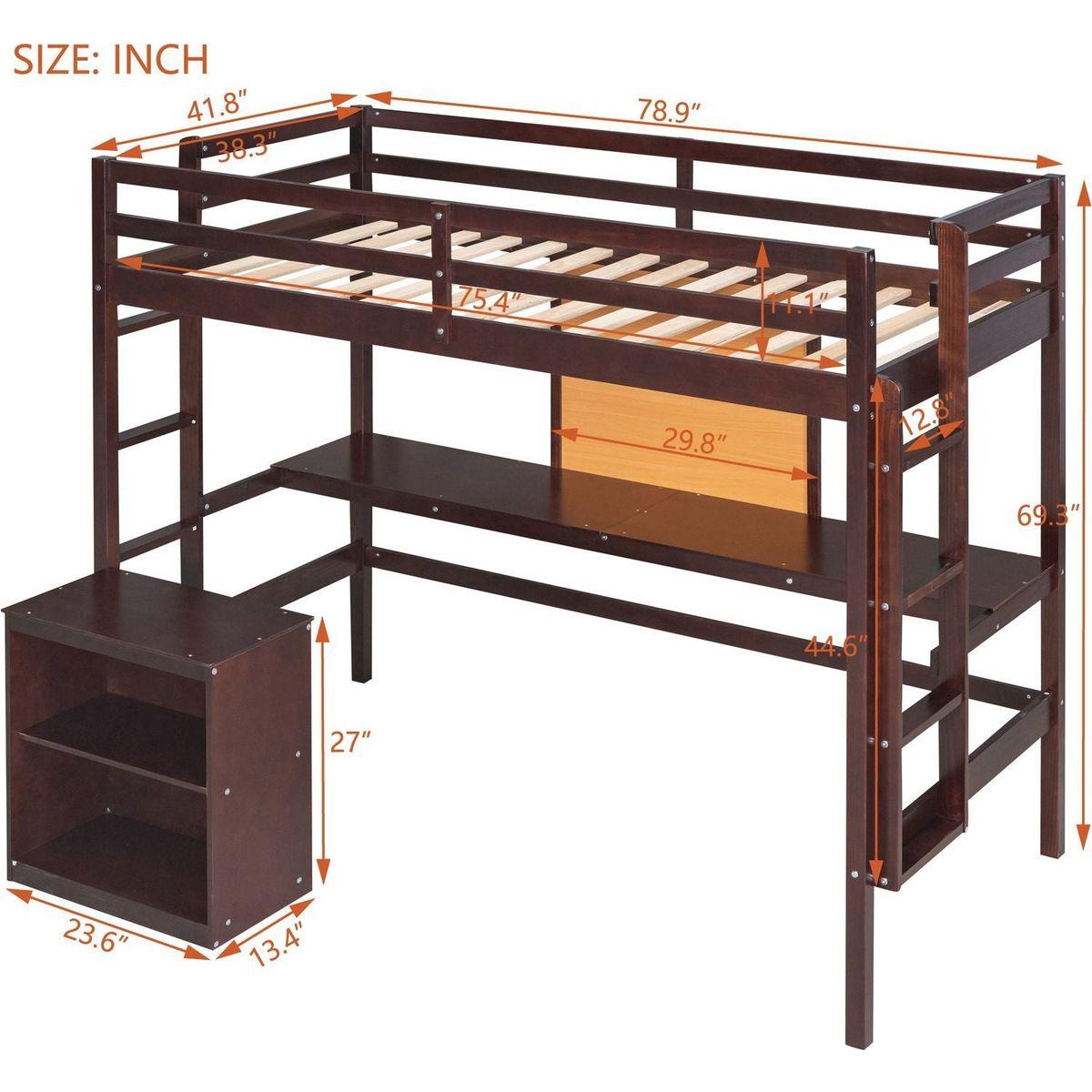 Twin size Loft Bed with Desk and Writing Board, Wooden Loft Bed with Desk & 2 Drawers Cabinet- Espresso