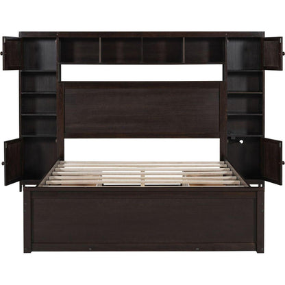 Queen Size Wooden Bed With All-in-One Cabinet, Shelf and Sockets, Espresso