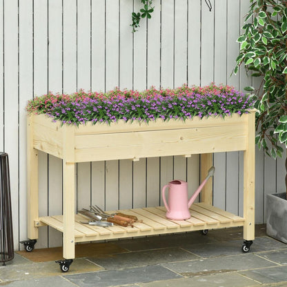 Raised Garden Bed, 47" x 22" x 33", Elevated Wooden Planter Box w/ Lockable Wheels, Storage Shelf, and Bed Liner for Backyard, Patio, Natural