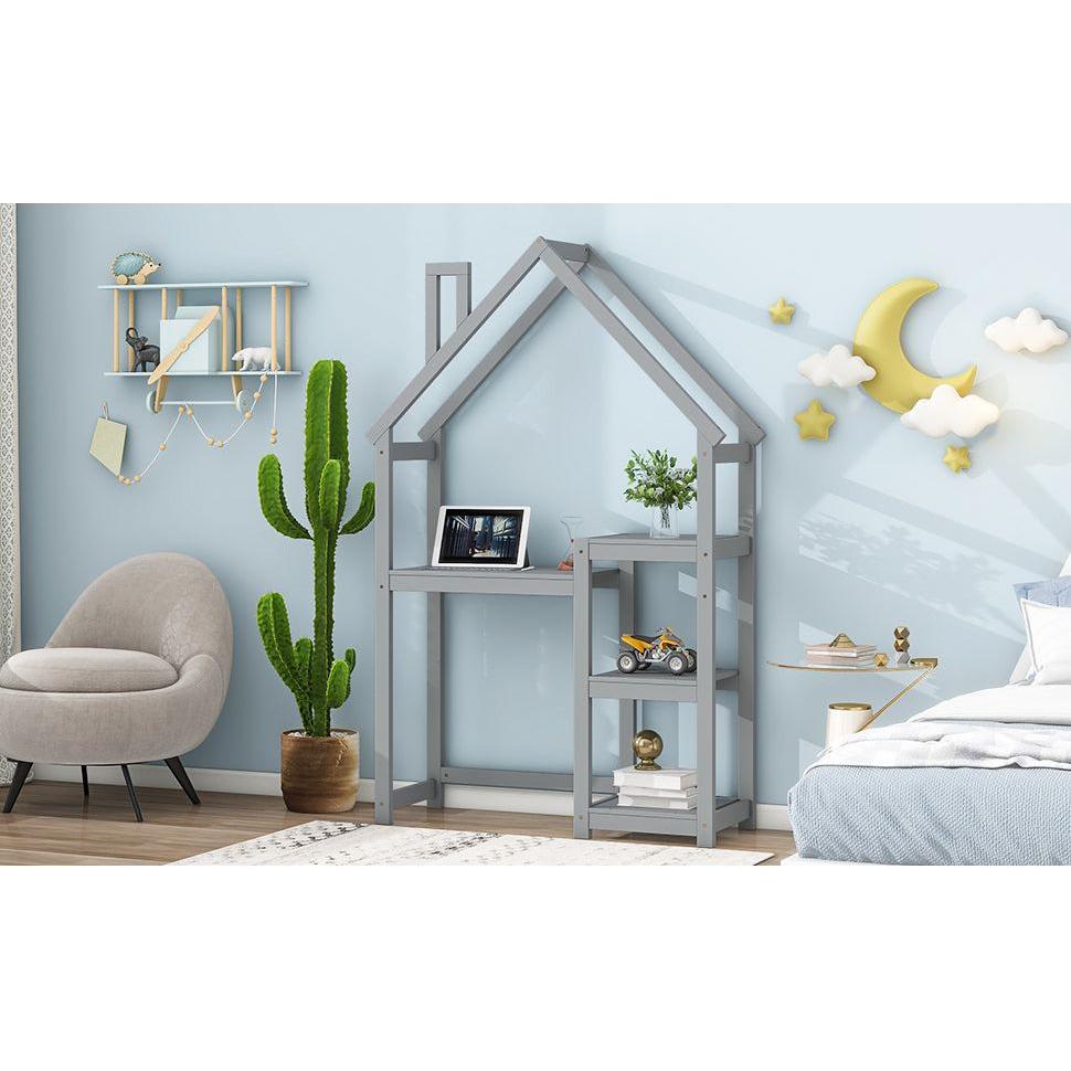 House-shaped Wooden writing Desk,Kids study Table,Bookshelf & Toy Storage,Grey
