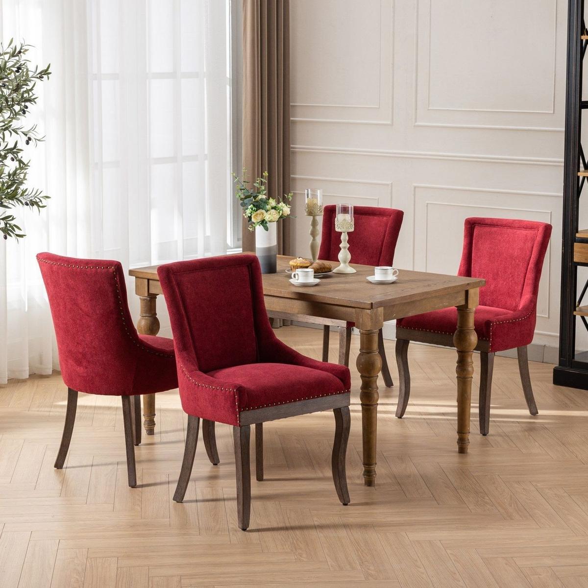 Ultra Side Dining Chair,Thickened fabric chairs with neutrally toned solid wood legs,Bronze nail head,Set of 2,Wine Red,Burgundy