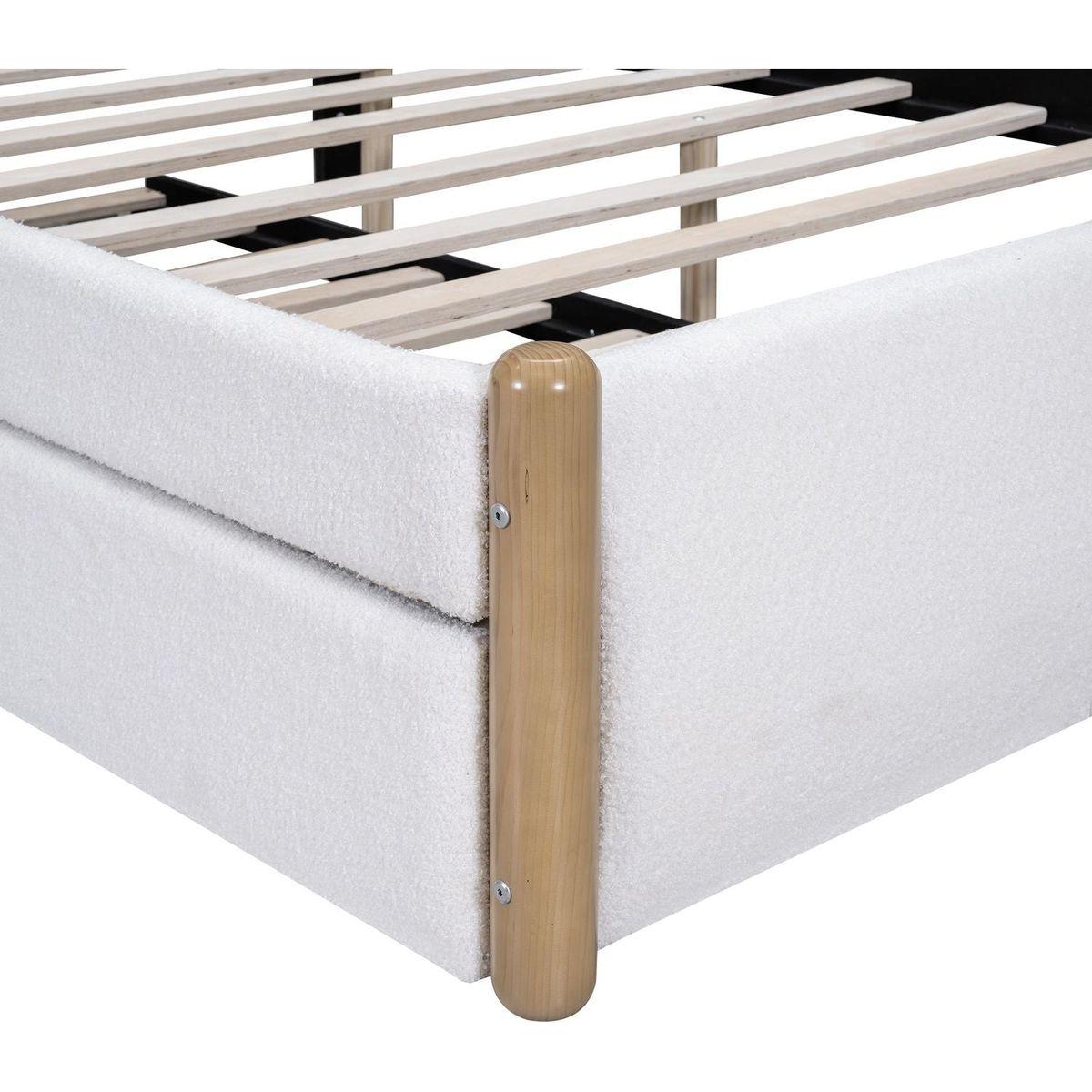 Full Size Upholstered Platform Bed with Wood Supporting Feet and Twin Size Trundle, White