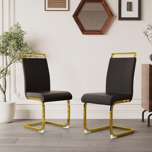 Modern Dining Chairs,PU Faux Leather High Back Upholstered Side Chair with C-shaped Tube. Plating Golden Metal Legs for Dining Room Kitchen Vanity Patio Club Guest Office Chair (Set of 2) (Black+PU)