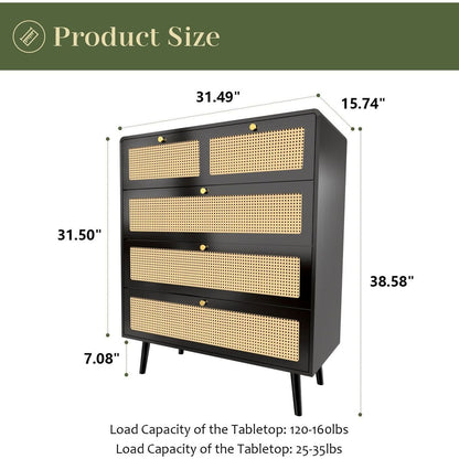 4 Drawer Dresser, Modern Rattan Dresser Chest with Wide Drawers and Metal Handles, Farmhouse Wood Storage Chest of Drawers for Bedroom, Living Room, Hallway, Entryway