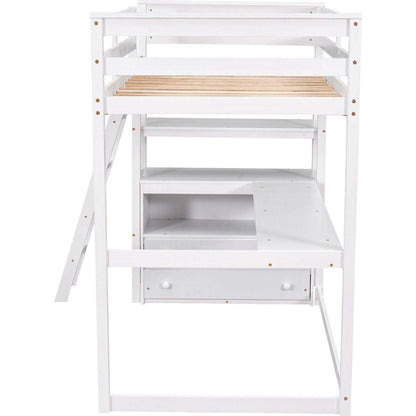 Twin Size Loft Bed with Desk and Shelves, Two Built-in Drawers, White
