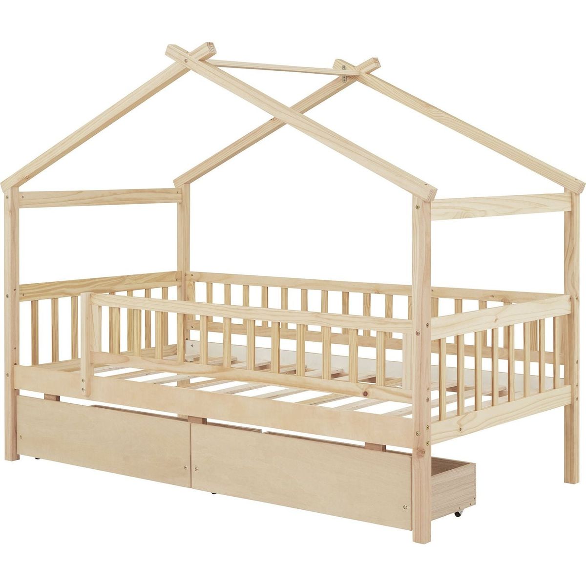 Twin Size Wooden House Bed with Two Drawers, Natural