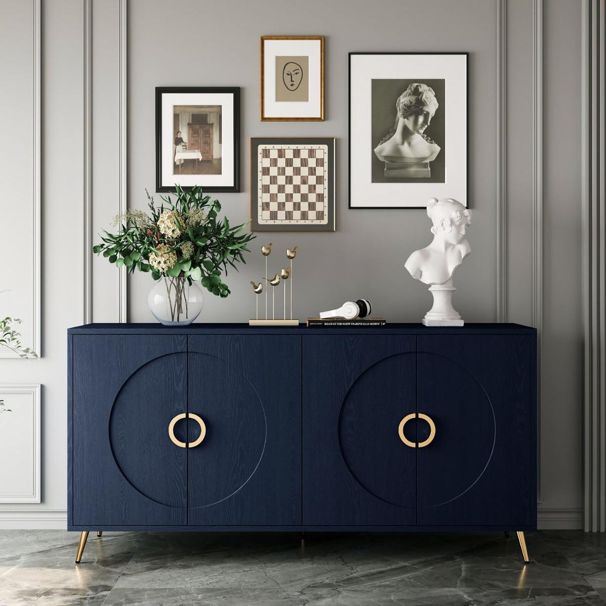 Modern Lacquered 4 Door Wooden Cabinet Sideboard Buffet Server Cabinet Storage Cabinet, for Living Room, Entryway, Hallway, Office, Kitchen and Dining Room, Navy Blue