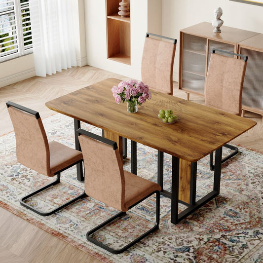 Table and chair set.67'x36' Wood-Textured MDF Dining Table Set with 4 Brown Fabric Chairs.MDF sticker,Wood colored texture sticker,Black C-tube dining chair legs,Suitable for kitchen,Dining room,etc.