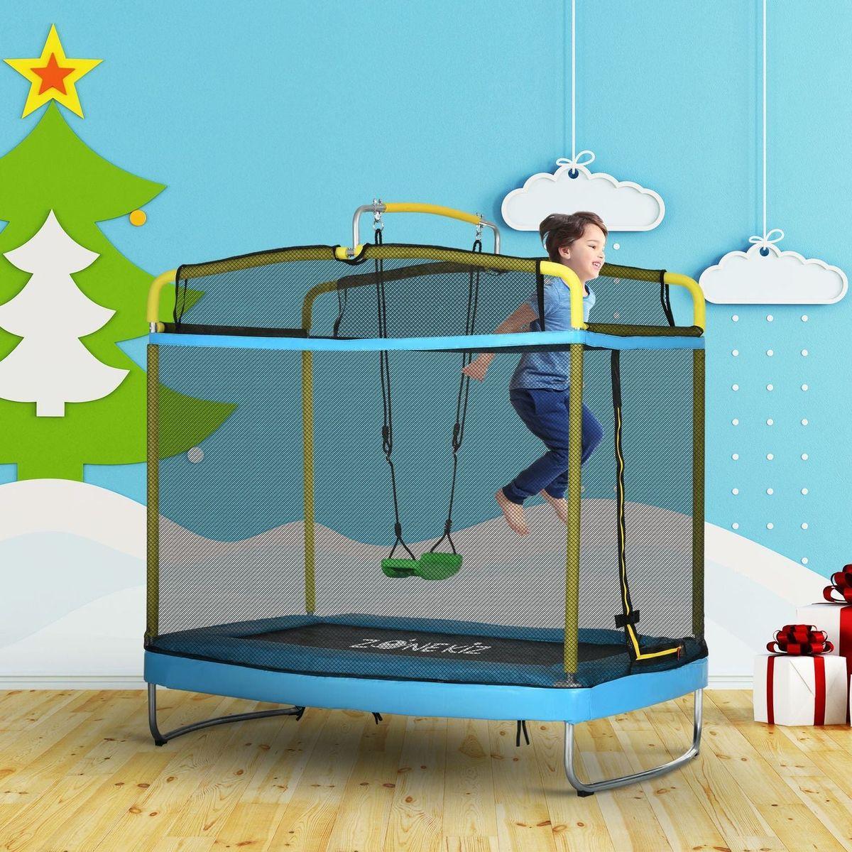 Qaba 3-in-1 Trampoline for Kids, 6.9' Kids Trampoline with Enclosure, Swing, Gymnastics Bar, Toddler Trampoline for Outdoor/Indoor Use, Light Blue