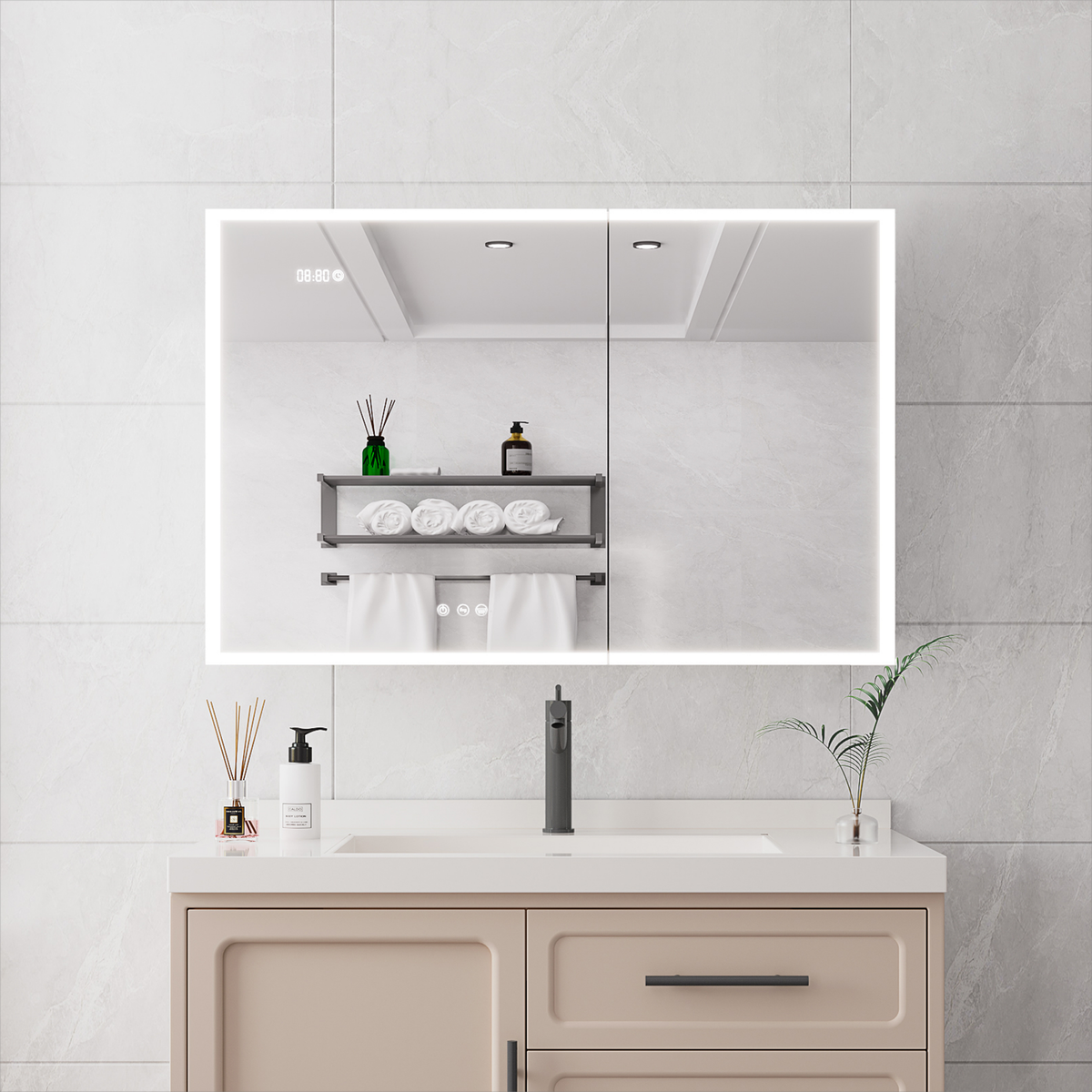 Bathroom Medicine Cabinet with Lights, 36x24 Inch LED Medicine Cabinet with Mirror, Double Door Lighted Medicine Cabinet with Defogger, Dimmer, Clock & Temp Display, 2 Outlets & USB Ports