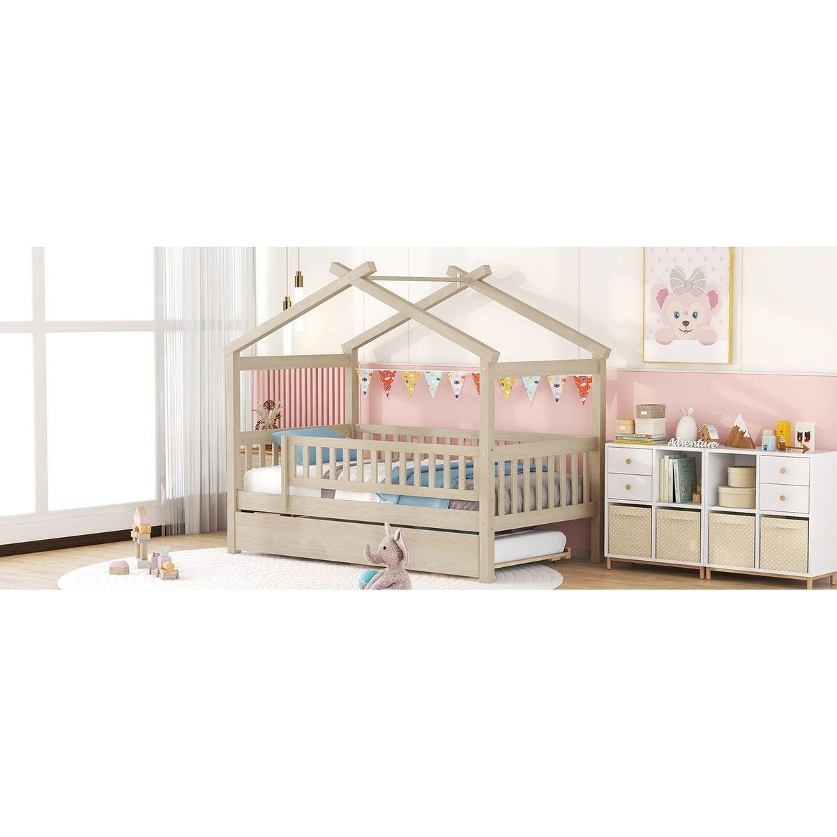 Twin Size Wooden House Bed with Twin Size Trundle, Natural