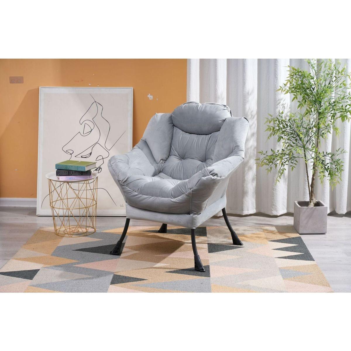 Living Room Chairs Modern Cotton Fabric Lazy Chair, Accent Contemporary Lounge Chair, Single Steel Frame Leisure Sofa Chair with Armrests and A Side Pocket (Light Gray02)
