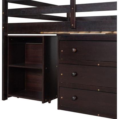 Low Study Full Loft Bed with Cabinet, Shelves and Rolling Portable Desk, Multiple Functions Bed- Espresso