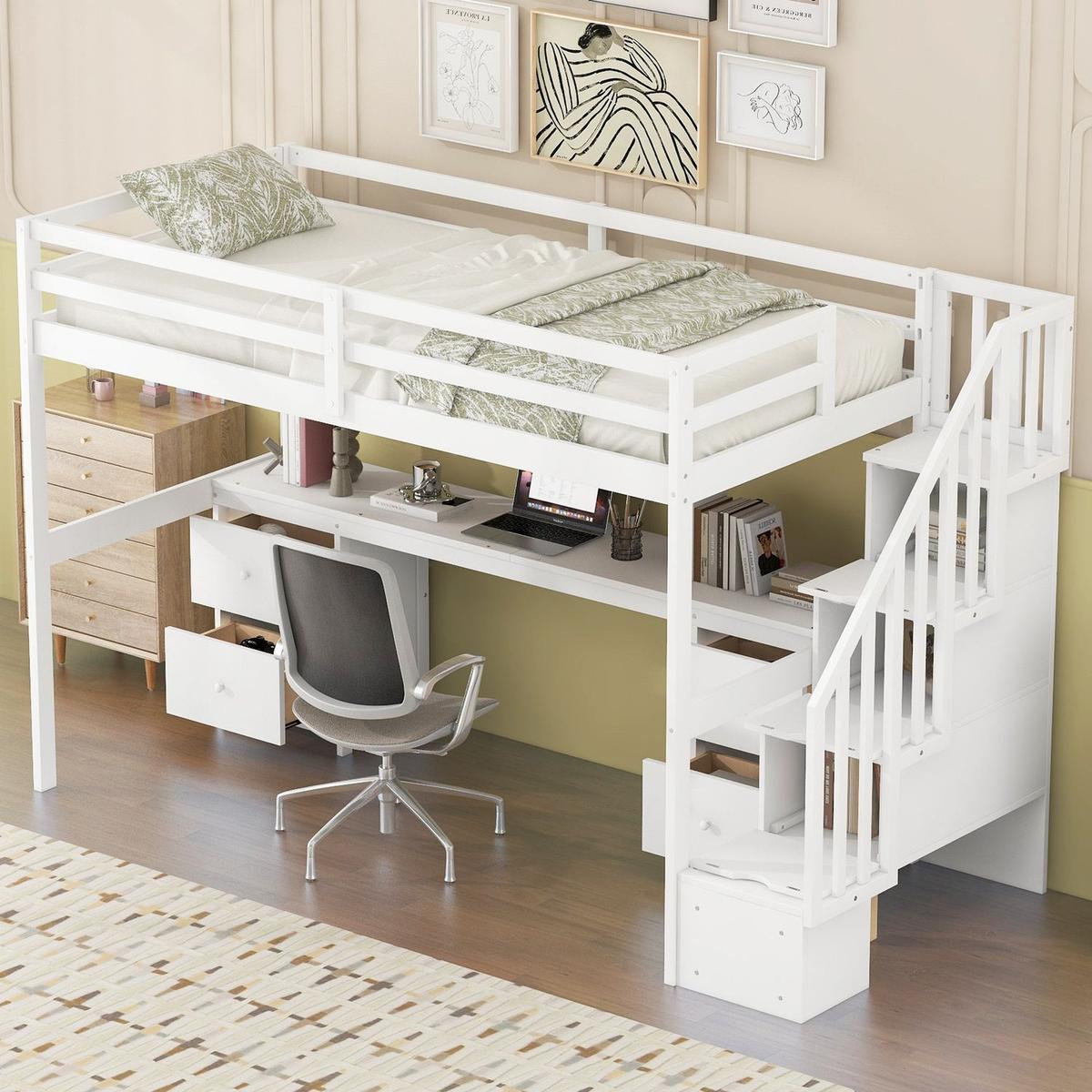 Twin Size Loft Bed Frame with Built-in Desk and Double Storage Drawers,White