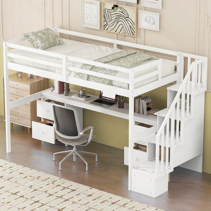 Twin Size Loft Bed Frame with Built-in Desk and Double Storage Drawers,White