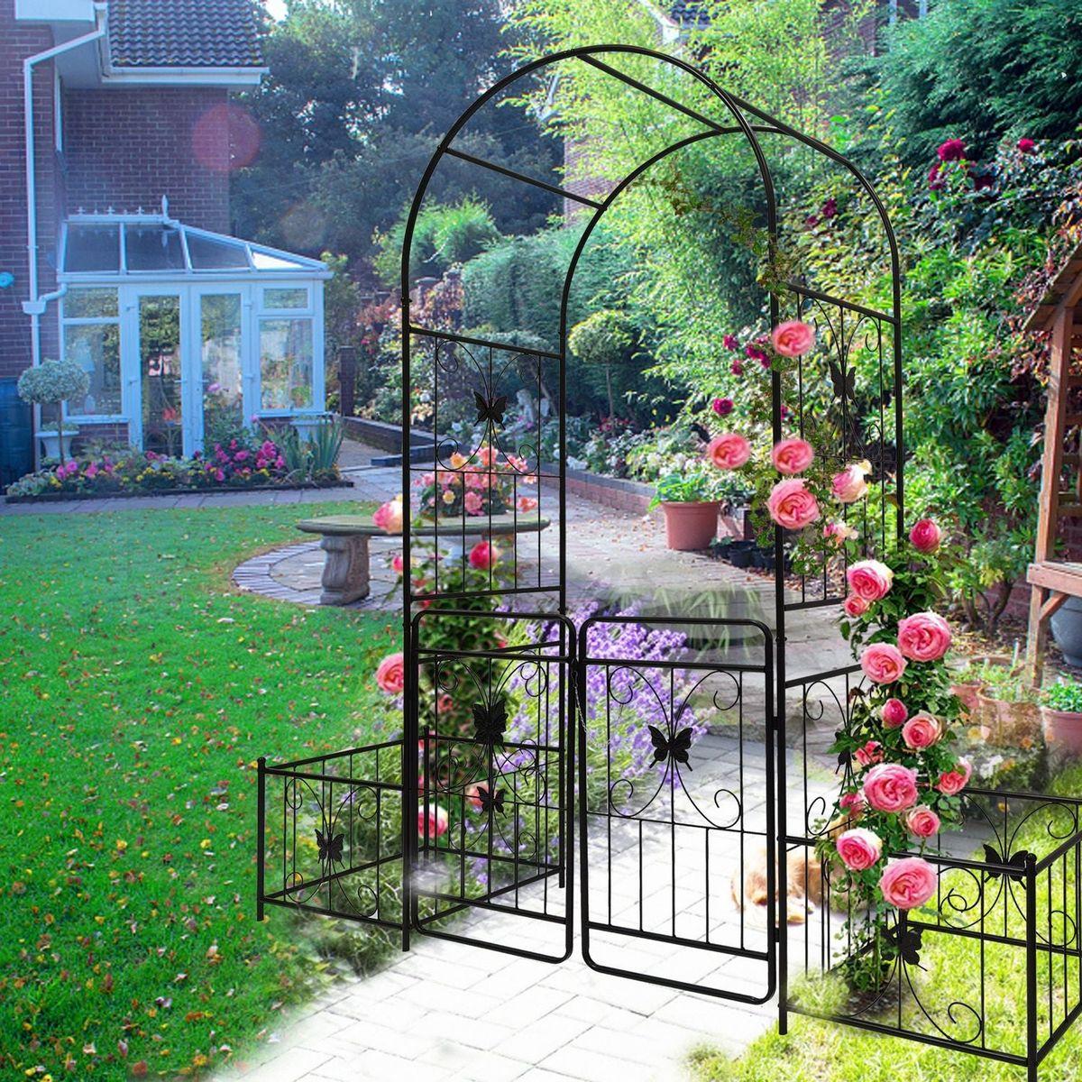 Metal Garden Arch with Gate 79.5" Wide x 86.6" High Climbing Plants Support Rose Arch Outdoor Black