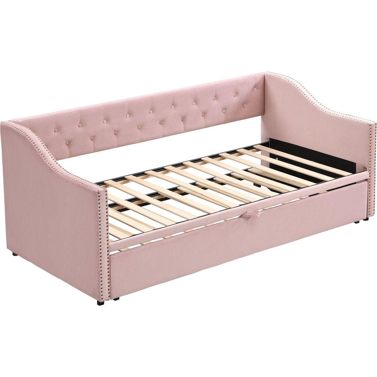 Twin Size Upholstered daybed with Pop Up Trundle, Pink