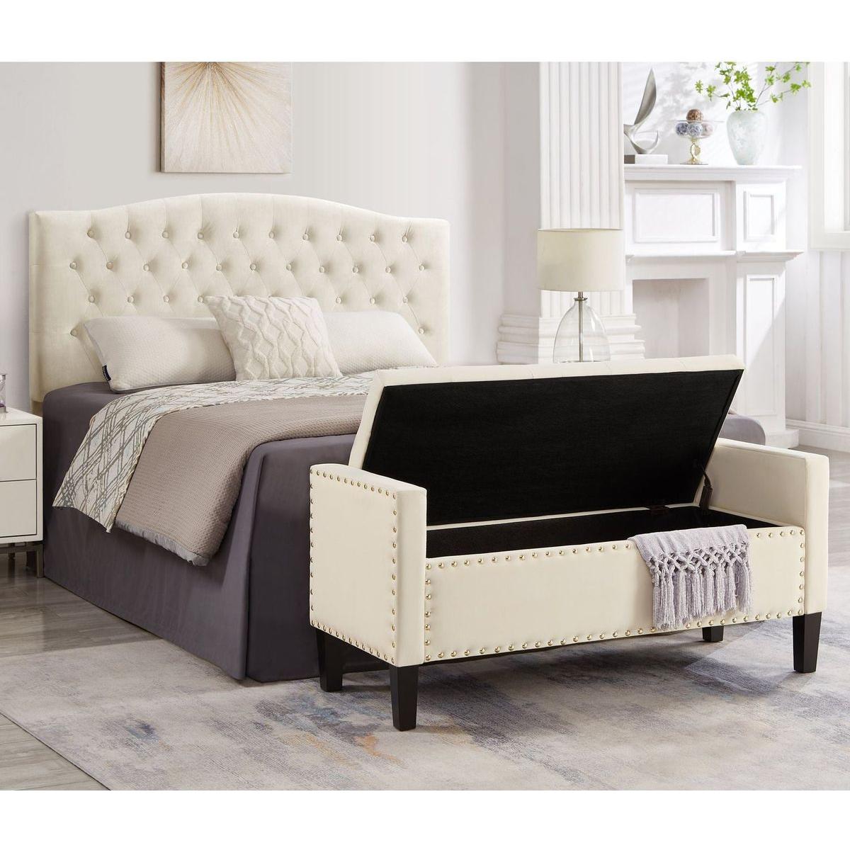 Upholstered Tufted Button Storage Bench with nails trim,Entryway Living Room Soft Padded Seat with Armrest,Bed Bench - Cream