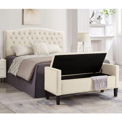 Upholstered Tufted Button Storage Bench with nails trim,Entryway Living Room Soft Padded Seat with Armrest,Bed Bench - Cream