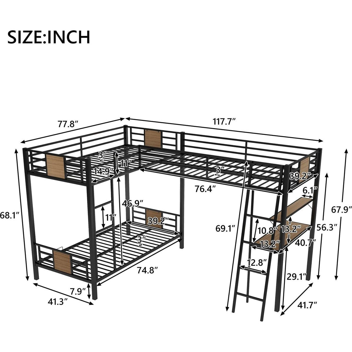 L-Shaped Twin over Twin Bunk Bed with Twin Size Loft Bed with Desk and Shelf, Brown