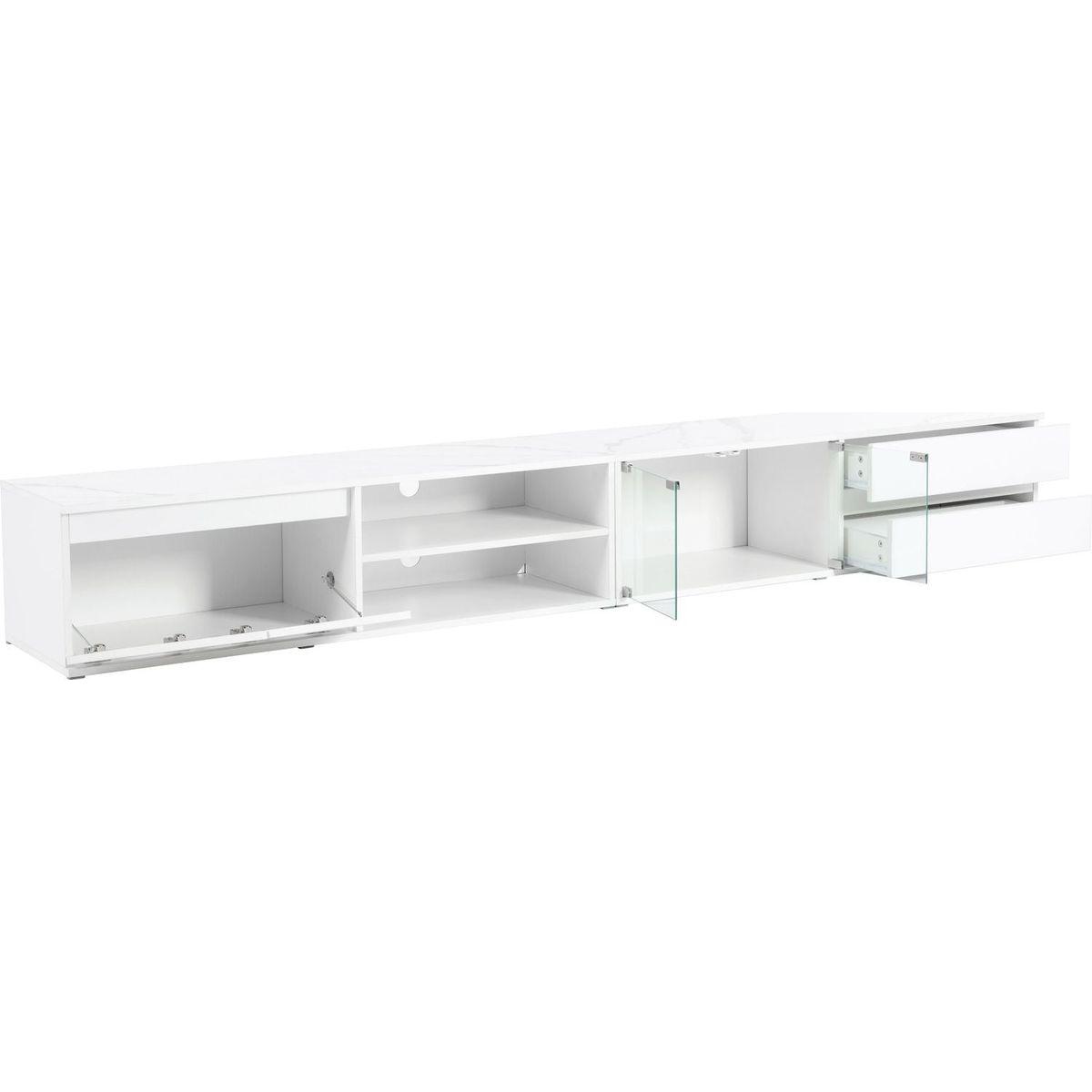 Modern APP Controlled LED TV Stand for TVs Up to 105", Faux Marble Tabletop Media Console with Tempered Glass Doors, Entertainment Center with 2 Drawers & Cabinets for Living Room, White