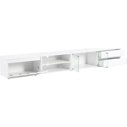 Modern APP Controlled LED TV Stand for TVs Up to 105", Faux Marble Tabletop Media Console with Tempered Glass Doors, Entertainment Center with 2 Drawers & Cabinets for Living Room, White